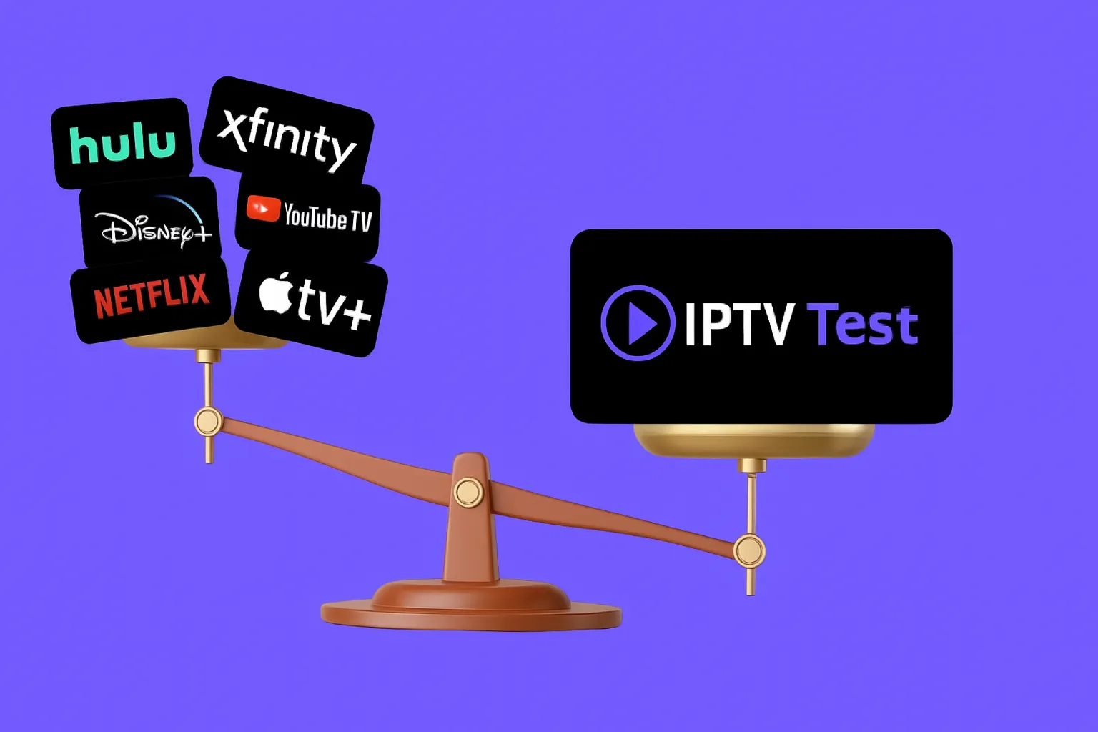 Digital illustration showcasing a balance scale with traditional streaming services (Hulu, Netflix, Disney+, YouTube TV, Xfinity, Apple TV+) on the left and IPTV Test logo on the right, set against a transparent background.