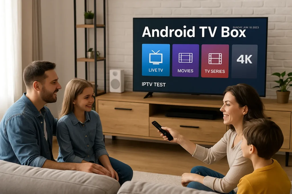 Familie nutzt Box Android TV Box mit IPTV TEST für 4K-Streaming auf Smart-TV in modernem Wohnzimmer
