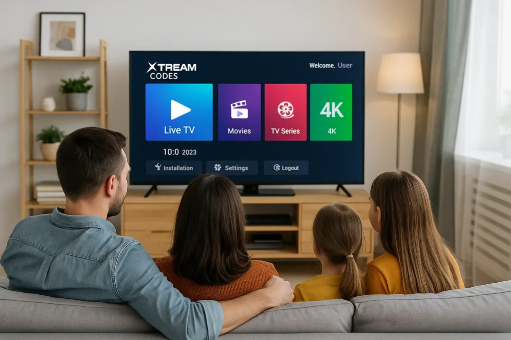 Familie nutzt Xtream Codes auf Smart-TV mit Live-TV, Filmen, Serien und 4K-Optionen in moderner Wohnzimmerumgebung Ask ChatGPT