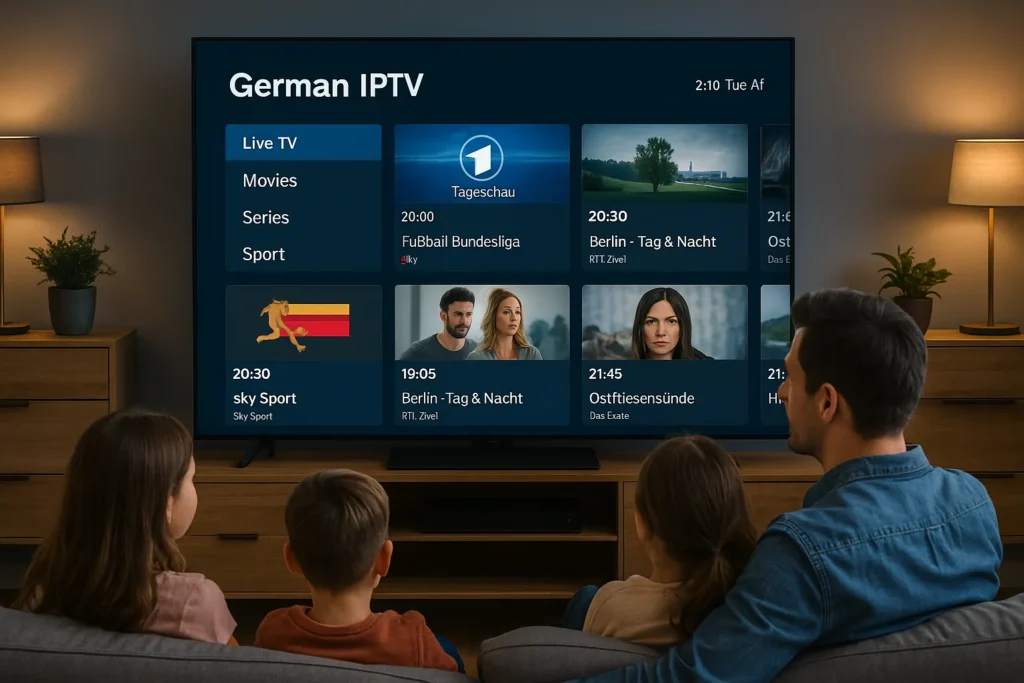 Family enjoying German IPTV in 4K quality on Smart TV in modern living room