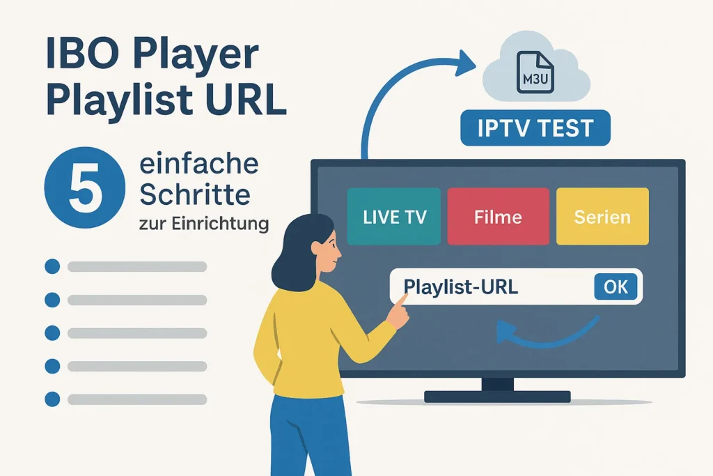Frau verbindet IBO Player Playlist URL mit IPTV TEST auf Smart-TV über ein Setup mit fünf einfachen Schritten