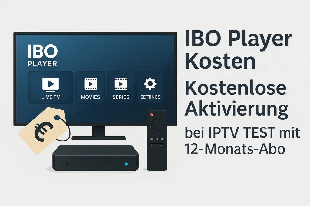 Infografik zu IBO Player Kosten und kostenloser Aktivierung über IPTV TEST bei 12-Monats-Abonnement